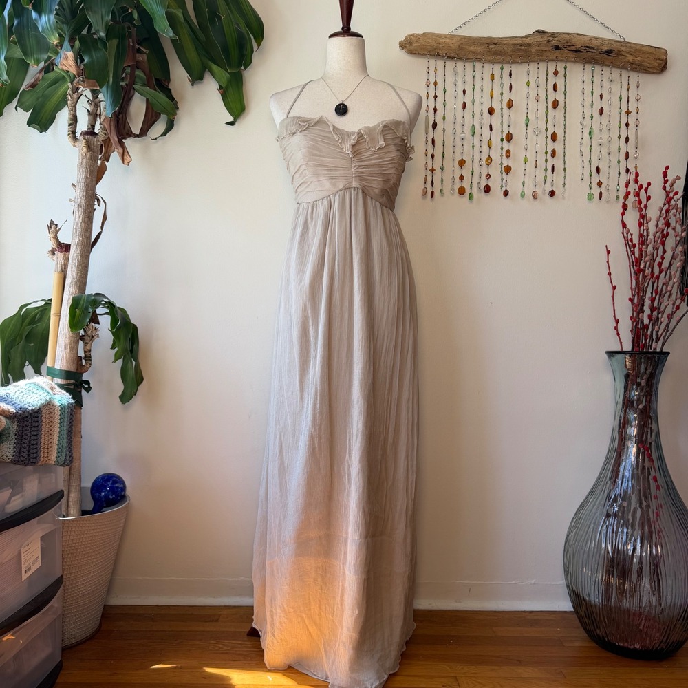 Amsale Nude Beige 100% Silk Halter Maxi Gown Formal Wedding Guest Dress 14